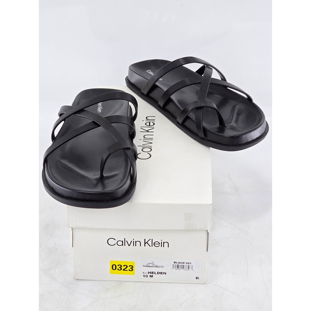 Calvin Klein Helden Strappy Sandals Womens 10 Black Leather Slides - New